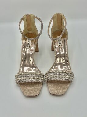 Badgley Mischka Becca Sandals Size 10 Champagne Rhinestone Pearl Block Heel